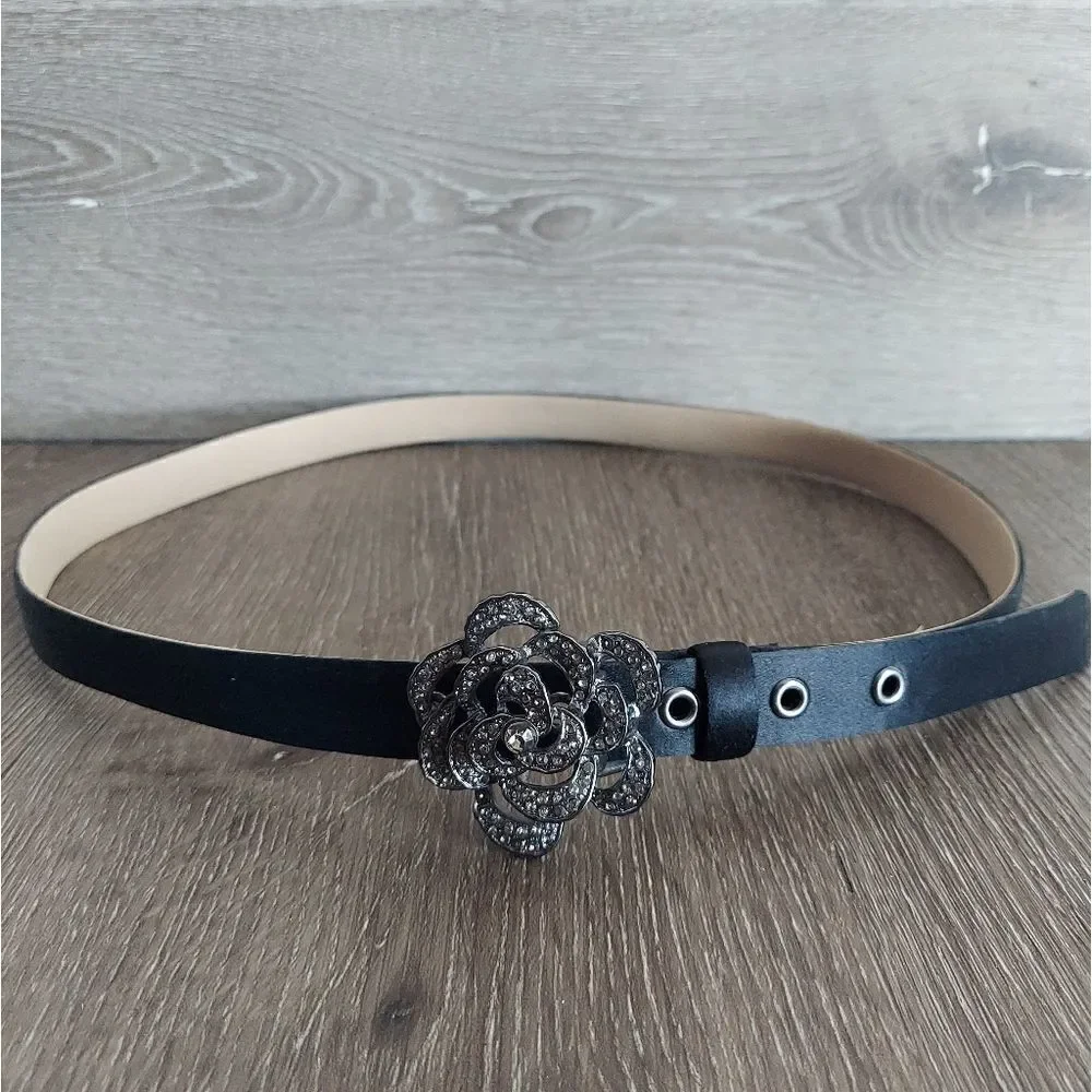 Talbots Black Satin Belt with Marcasite Flower Buckle Detail Sz Large